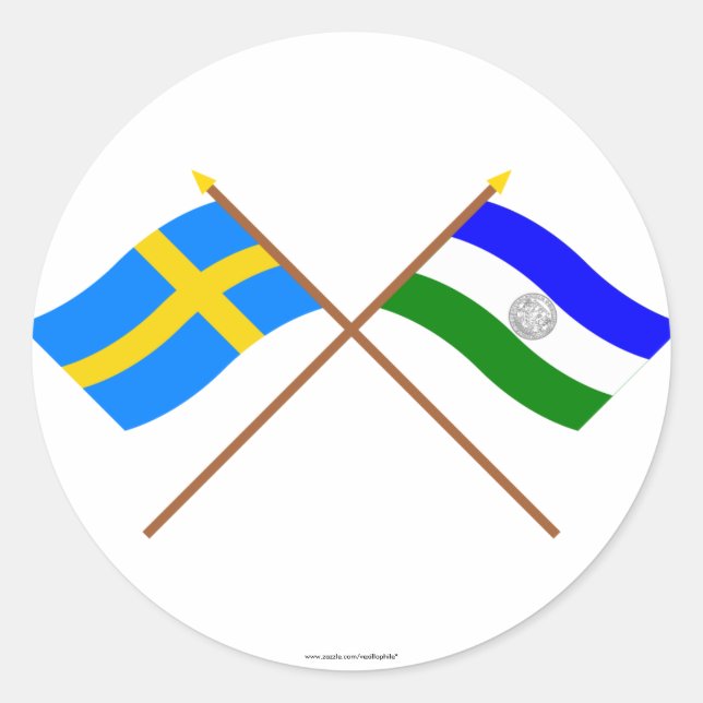 Pegatina Redonda Banderas cruzadas de Suecia y la República Jämtlan (Anverso)