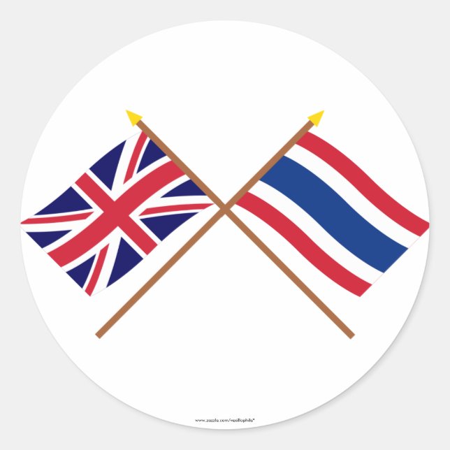 Pegatina Redonda Banderas cruzadas del Reino Unido y Tailandia (Anverso)