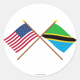 Pegatina Redonda Banderas de EE. UU. y Tanzania cruzadas