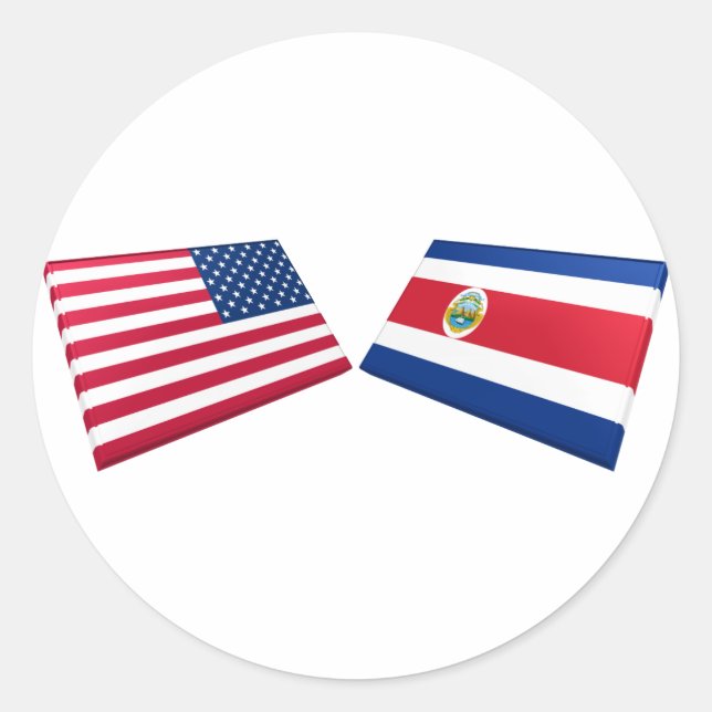 Pegatina Redonda Banderas de Estados Unidos y Costa Rica (Anverso)