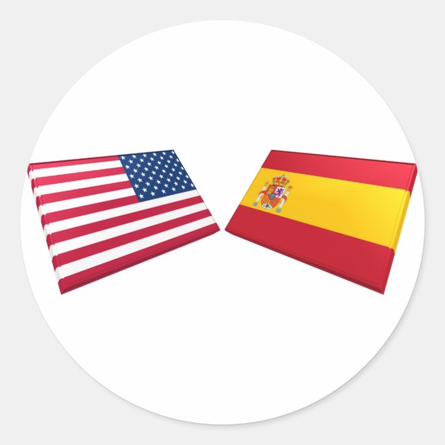 Pegatina Redonda Banderas de Estados Unidos y España (Anverso)