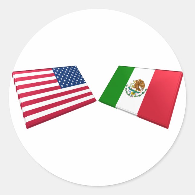 Pegatina Redonda Banderas de Estados Unidos y México (Anverso)