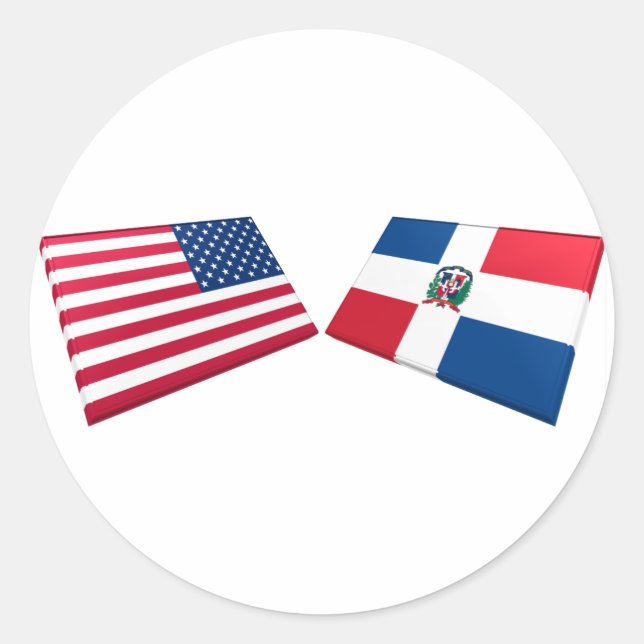 Pegatina Redonda Banderas de Estados Unidos y República Dominicana (Anverso)