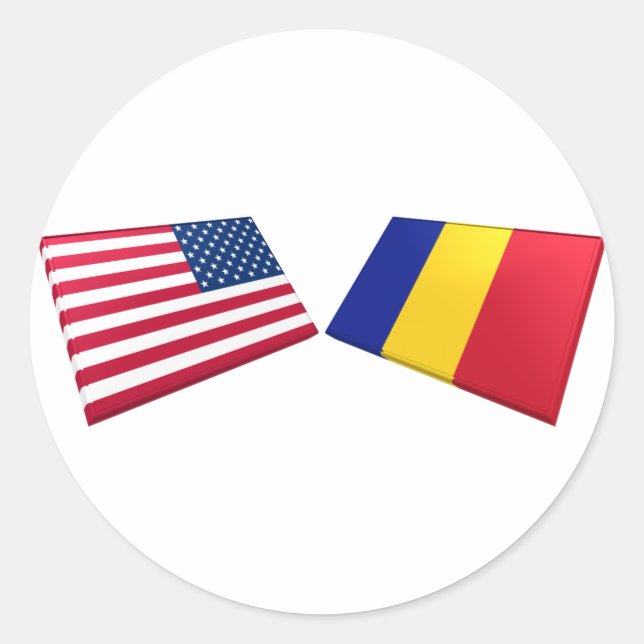 Pegatina Redonda Banderas de Estados Unidos y Rumania (Anverso)