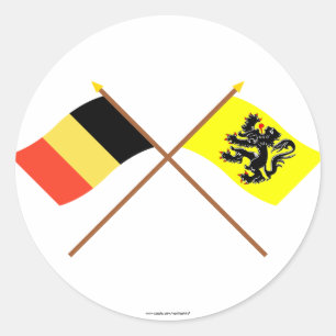 Pegatina Redonda Banderas de la región de Flandes y Bélgica cruzada