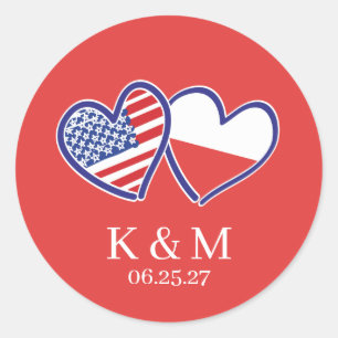 Pegatina Redonda Banderas del corazón de polaco americano