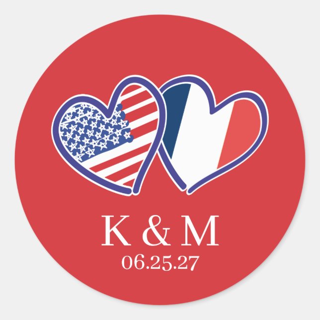 Pegatina Redonda Banderas del Corazón Franco Americanas (Anverso)