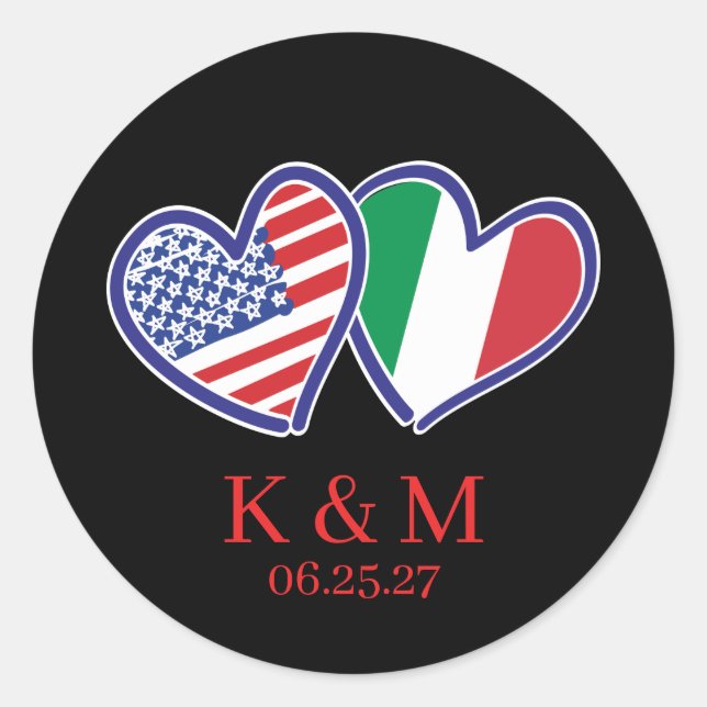 Pegatina Redonda Banderas del corazón ítalo-americanas (Anverso)