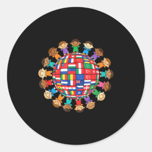 Pegatina Redonda Banderas del mundo globo niños unidad internaciona