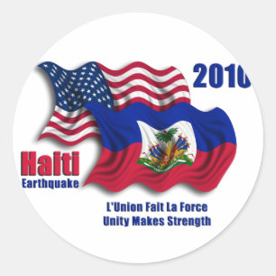 Pegatina Redonda Banderas haitianas y norteamericanas ondeando para