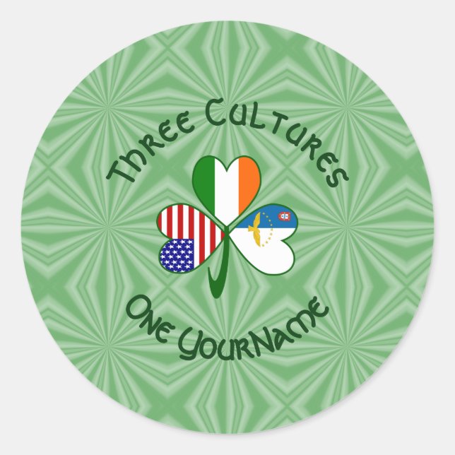 Pegatina Redonda Banderas irlandesas-americanas azoríes Shamrock pe (Anverso)
