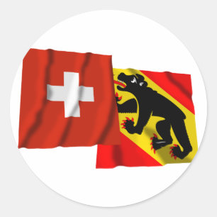 Pegatina Redonda Banderas onduladoras de Suiza y Berna
