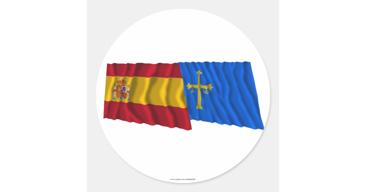 Pegatina Redonda Banderas que agitan de España y de ...
