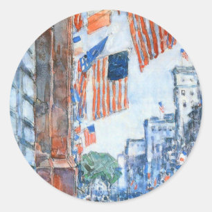 Pegatina Redonda Banderas Quinta Avenida de Childe Hassam, Arte de