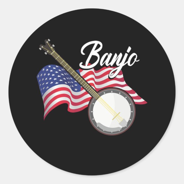 Pegatina Redonda Banjo American Flag Instrument Acoustic Music Gift (Anverso)