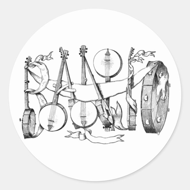 Pegatina Redonda banjo escrito con arte de ilustracion banjos (Anverso)