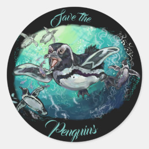 Pegatina Redonda Banquete a pescado del pingüino africano