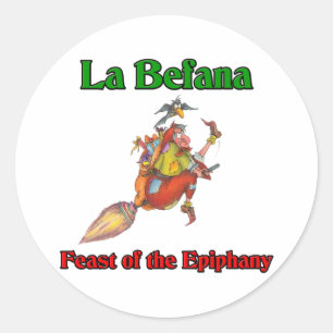 Pegatina Redonda Banquete de Befana del La (bruja del navidad) de