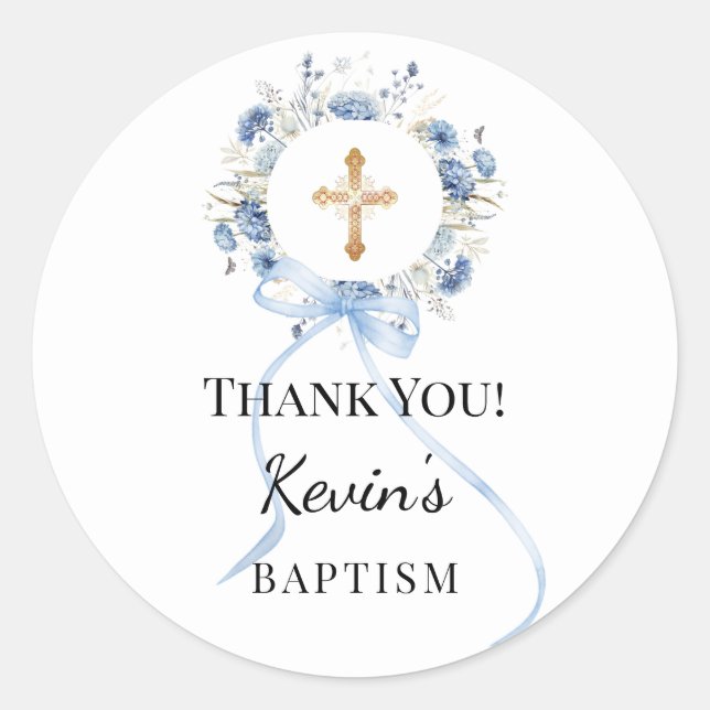Pegatina Redonda Baptism blue boy florals wreath cross thank you (Anverso)
