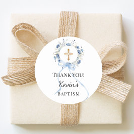 Pegatina Redonda Baptism blue boy florals wreath cross thank you