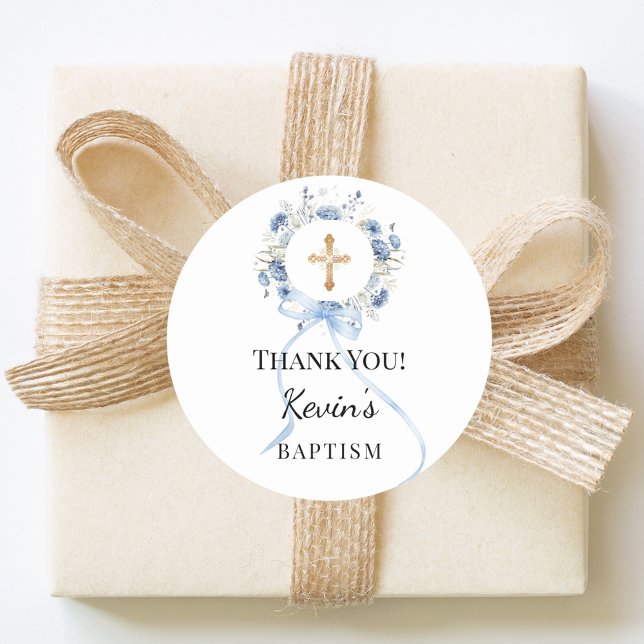 Pegatina Redonda Baptism blue boy florals wreath cross thank you (Subido por el creador)