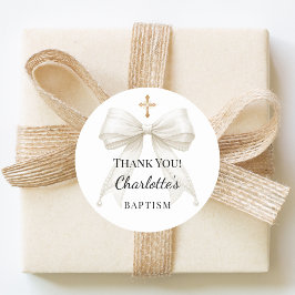 Pegatina Redonda Baptism bow ivory pearls cross thank you