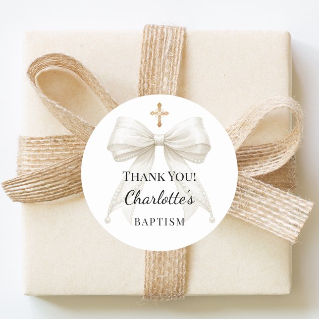 Pegatina Redonda Baptism bow ivory pearls cross thank you (Subido por el creador)