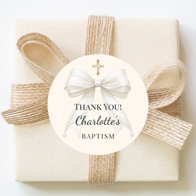 Pegatina Redonda Baptism bow ivory white pearls cross thank you (Subido por el creador)