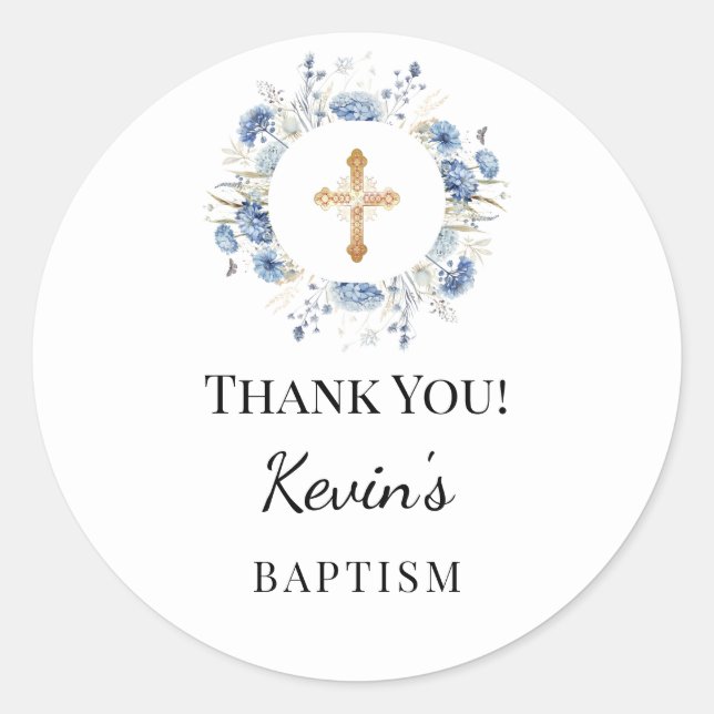 Pegatina Redonda Baptism boy blue florals wreath cross thank you (Anverso)