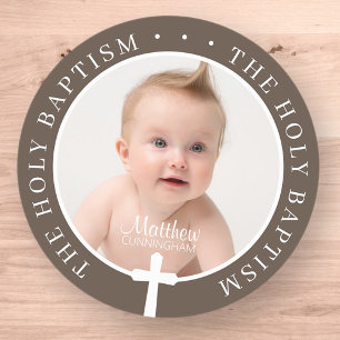 Pegatina Redonda Baptism Boy   Foto Personalizado y cruz blanca sim
