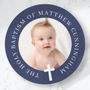 Pegatina Redonda Baptism Boy   Foto Personalizado y cruz simple