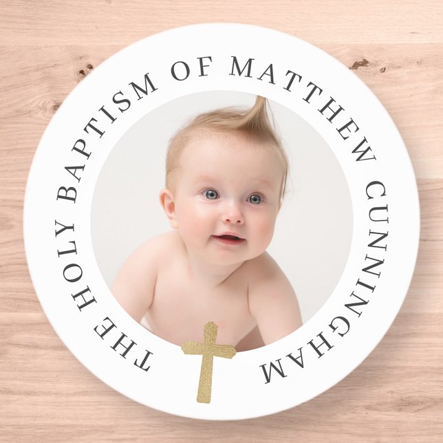 Pegatina Redonda Baptism Boy | Foto Personalizado y cruz simple de  (Subido por el creador)