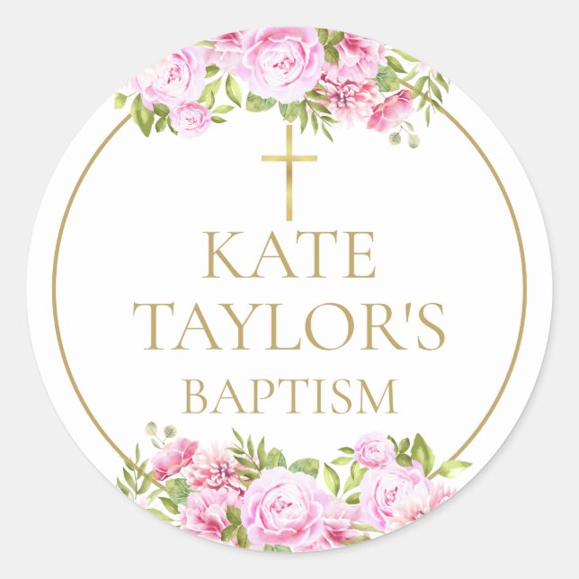 Pegatina Redonda  Baptism Christening Pink Rose Floral Favor (Anverso)