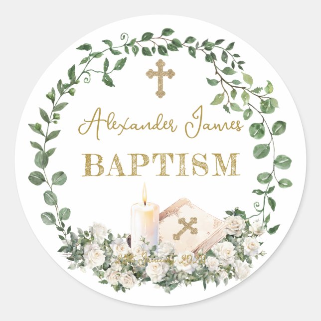 Pegatina Redonda Baptism Eucalyptus Roses Cross  (Anverso)
