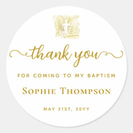Pegatina Redonda Baptism Gold Dove Cruz Blanca Elegante Gracias