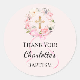 Pegatina Redonda Baptism pink girl florals wreath cross thank you