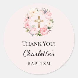 Pegatina Redonda Baptism pink girl florals wreath cross thank you