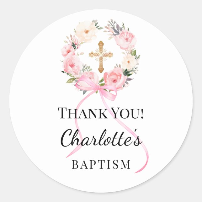 Pegatina Redonda Baptism pink girl florals wreath cross thank you (Anverso)