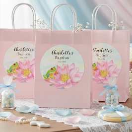 Pegatina Redonda Baptism Pink Waterlily & Tree Frog