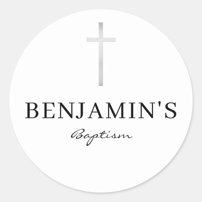 Pegatina Redonda BAPTISM SEAL moderno delgado cruz gris plateado bl (Anverso)