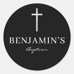 Pegatina Redonda BAPTISM SEAL moderno delgado cruz gris plateado ne