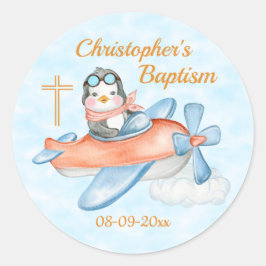 Pegatina Redonda Baptismo Acuarela Bebé Avión Pingüino