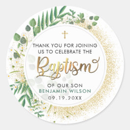 Pegatina Redonda Baptismo Botánico Verde Y Oro Gracias