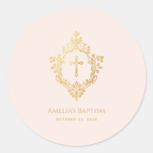 Pegatina Redonda Baptismo chica Elegante Rosa Faux Gold Vintage Esc