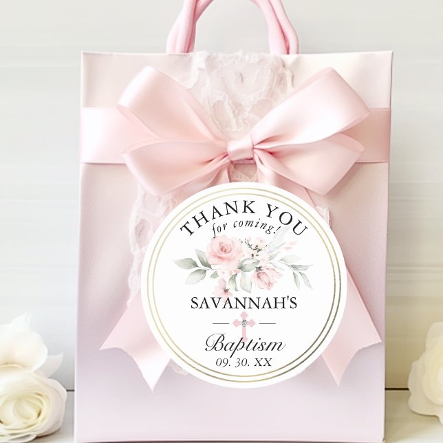 Pegatina Redonda Baptismo Chica Floral Rosa Oro Gracias (Floral Pink Gold Girl Baptism Thank You Classic Round Sticker)