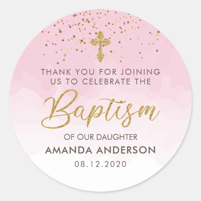 Pegatina Redonda Baptismo Chica Oro Y Acuarela Rosa Gracias (Anverso)