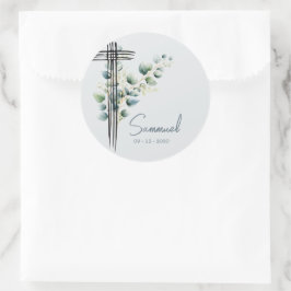 Pegatina Redonda Baptismo Christening Boy Cruz Botánica Moderna