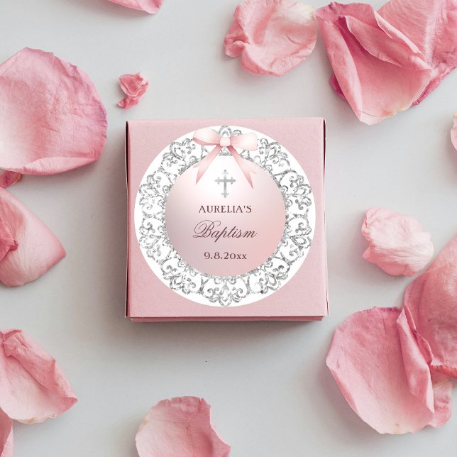 Pegatina Redonda Baptismo de armazón rosado con marco Purpurina pla (Subido por el creador)