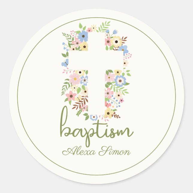 Pegatina Redonda Baptismo de la Cruz Floral - Pastel suave (Anverso)