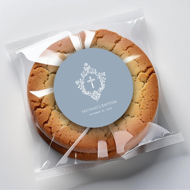 Pegatina Redonda Baptismo Dusty Blue Elegant Boy Cruz Blanca Escudo (Subido por el creador)